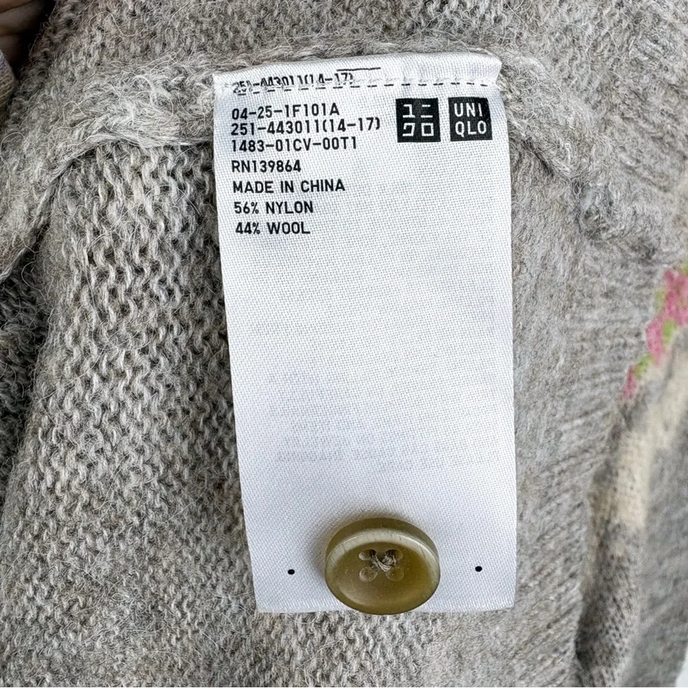 Uniqlo Ines De La Fressange Fair Isle Wool Blend Cardigan Sweater Grey Pink